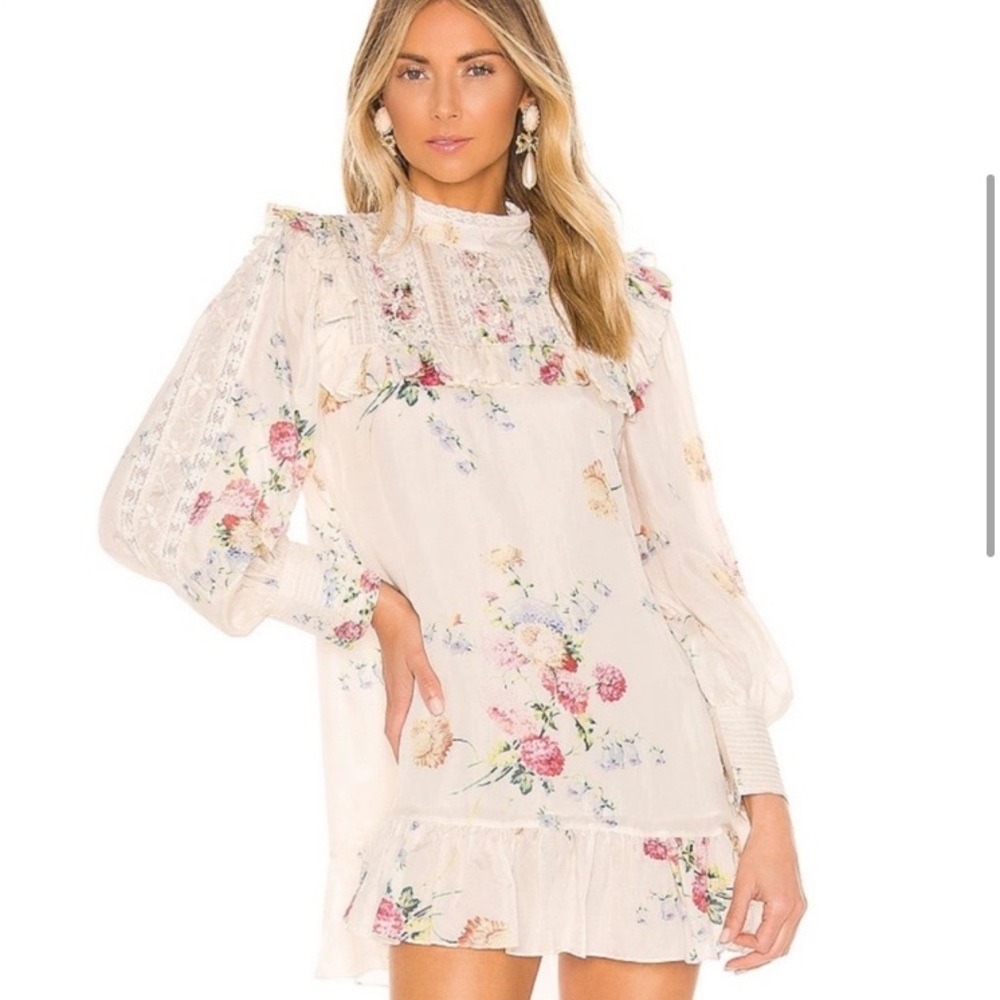 Love Shack Fancy Boho Floral Lace Pintuck Mini Dress Cream Long Sleeve Pocketed